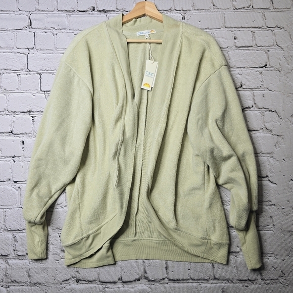 C&C California Alfalfa Green Soft Fuzzy Open Cardigan Sweater NWT Size Large - Picture 1 of 11